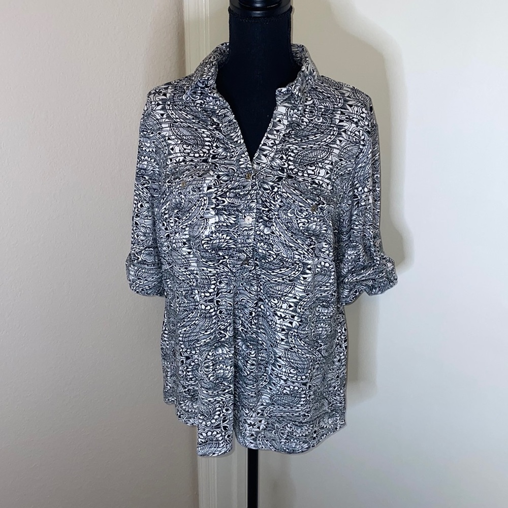 Black and White Paisley and Striped Blouse